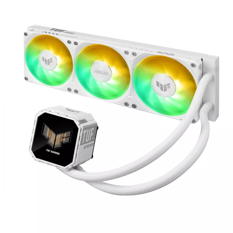 Vedelikjahutuskomplekt ASUS TUF Gaming LC III 360 ARGB LCD Valge Edition — 360 mm radiaator, 3×120 mm PWM ventilaatorit, LCD-ekraan, Valge