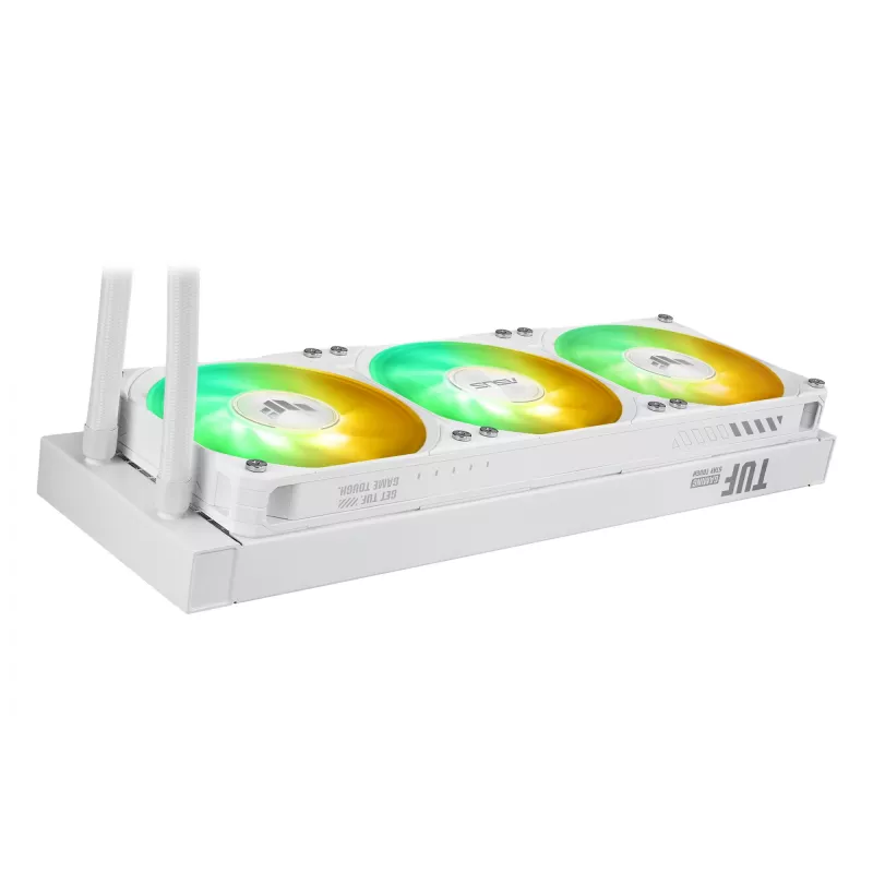 Vedelikjahutuskomplekt ASUS TUF Gaming LC III 360 ARGB LCD Valge Edition — 360 mm radiaator, 3×120 mm PWM ventilaatorit, LCD-ekraan, Valge