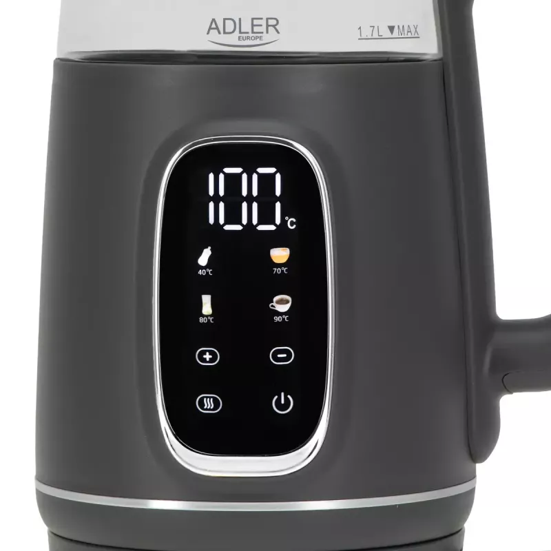 Elektriline veekeetja Adler AD 1305 G — 1,7 L, 2200 W, reguleeritav termostaat, LED-ekraan, hall