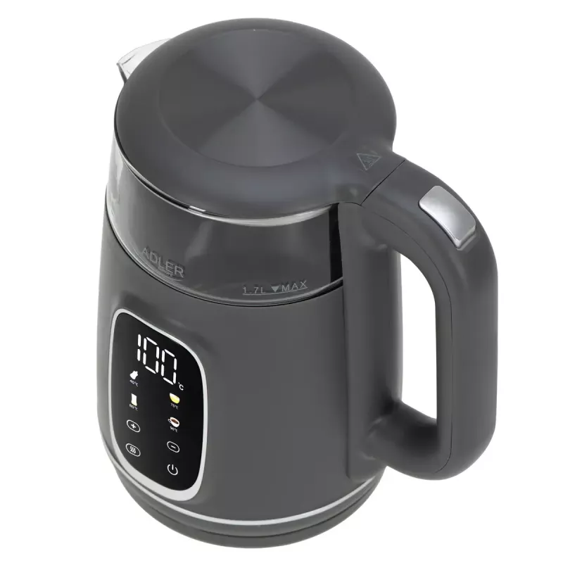 Elektriline veekeetja Adler AD 1305 G — 1,7 L, 2200 W, reguleeritav termostaat, LED-ekraan, hall