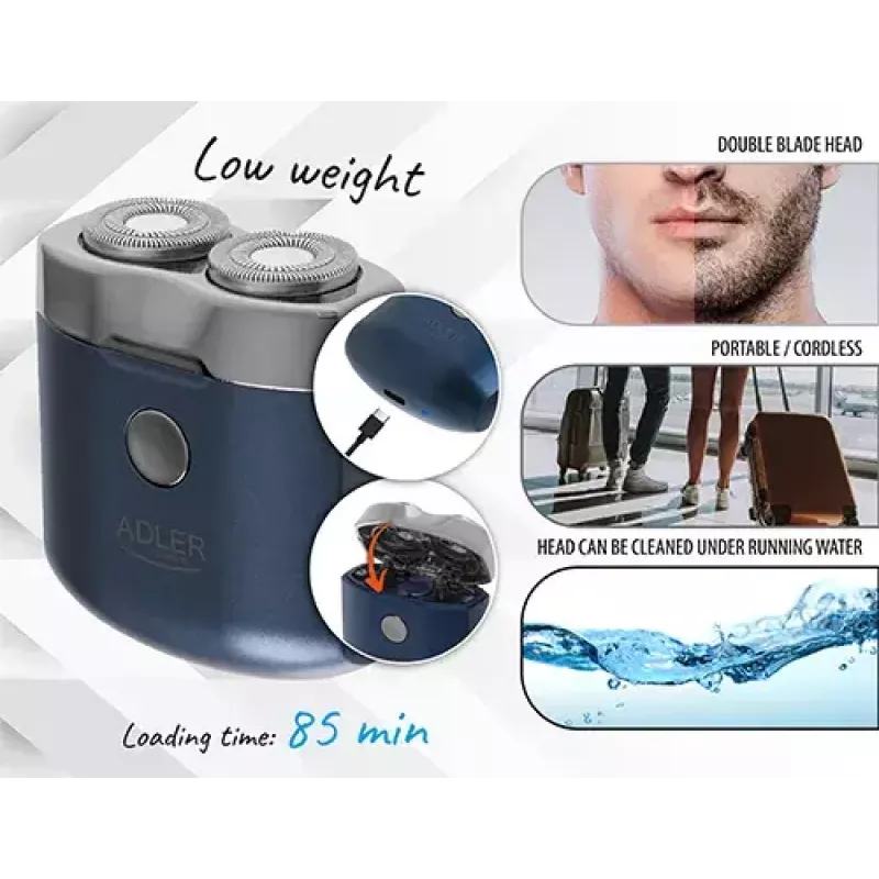 Pöörlev pardel Adler AD 2937, 2 pöörlevat pead, taaslaetav liitiumioon 250 mAh, pestav, juhtmevaba, sinine