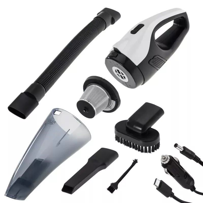 Autotolmuimeja Adler AD 7059 — 12 V, 5500 Pa imemisvõimsus, 3600 mAh aku, 0,45 L tolmukotita, pestav filter, 5 m juhe, 610 g