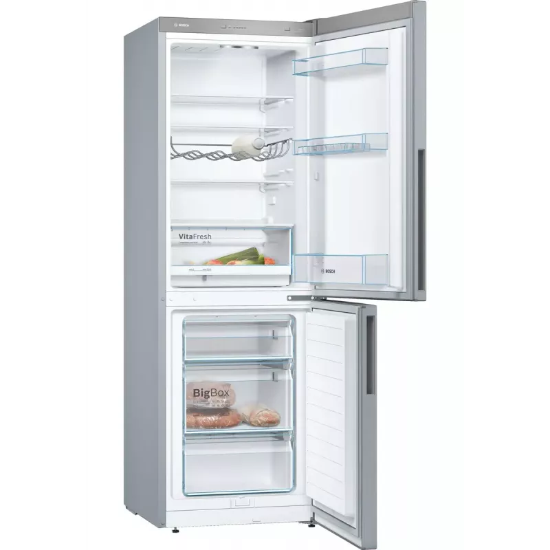Bosch Serie 4 KGV33VLEA külmik-sügavkülmik — Eraldiseisev roostevaba teras, 289 L kogumaht (195 L külmik / 94 L sügavkülmik), E klass, 176 cm