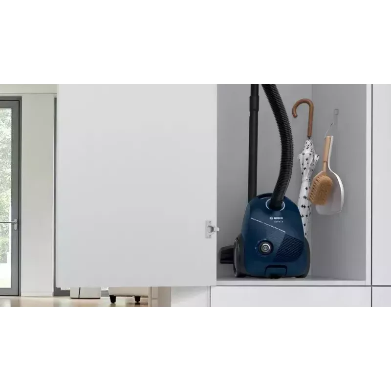 Silindervormiga tolmuimeja Bosch Serie 2 BGBS2BU1T — 850 W, 3,5 L tolmukott, 8 m tööraadius, sinine