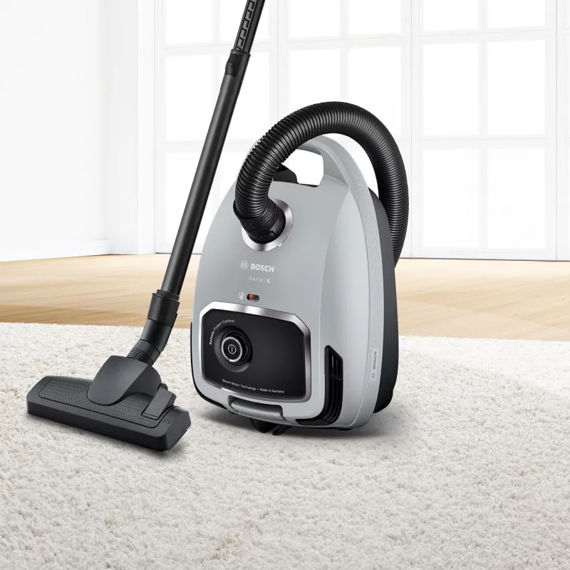 Silindertolmuimeja Bosch Serie 6 BGB6X330 — 600 W, HEPA 13, 4 L tolmukott, kõvadele põrandatele ja vaipadele, 6 kg, hall/must
