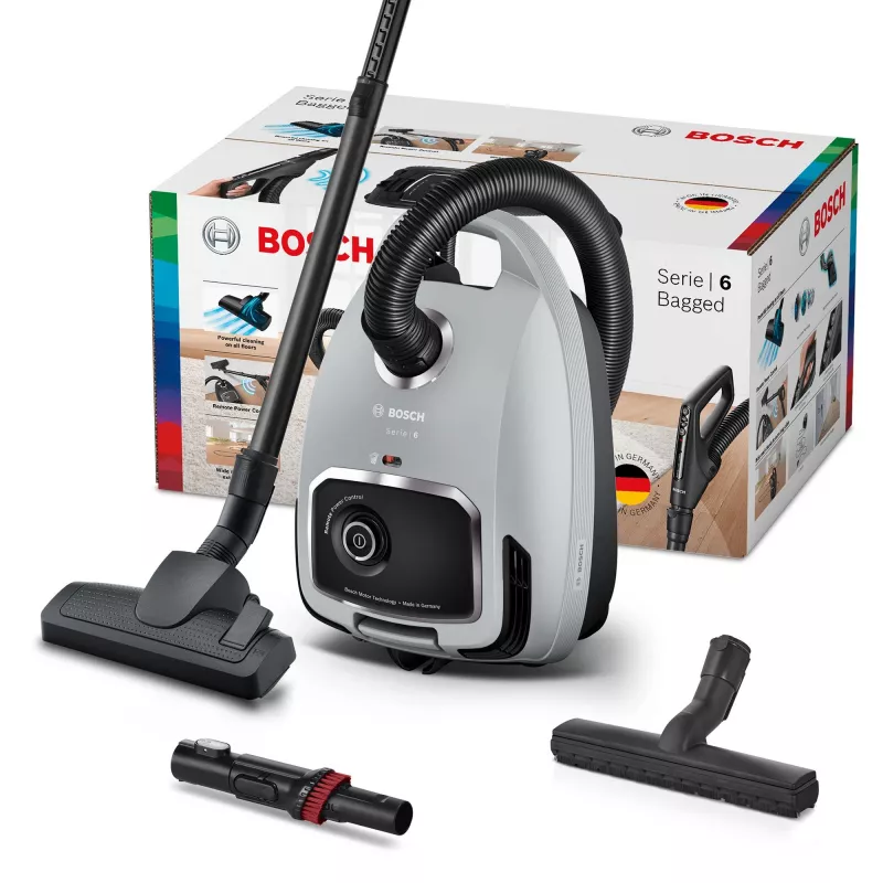 Silindertolmuimeja Bosch Serie 6 BGB6X330 — 600 W, HEPA 13, 4 L tolmukott, kõvadele põrandatele ja vaipadele, 6 kg, hall/must