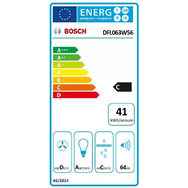 Osaehitatav õhupuhasti Bosch DFL063W56 — väljatõmmatav, 598×290×203 mm, 328 m³/h, alumiiniumfilt, tsirkulatsioonõhk