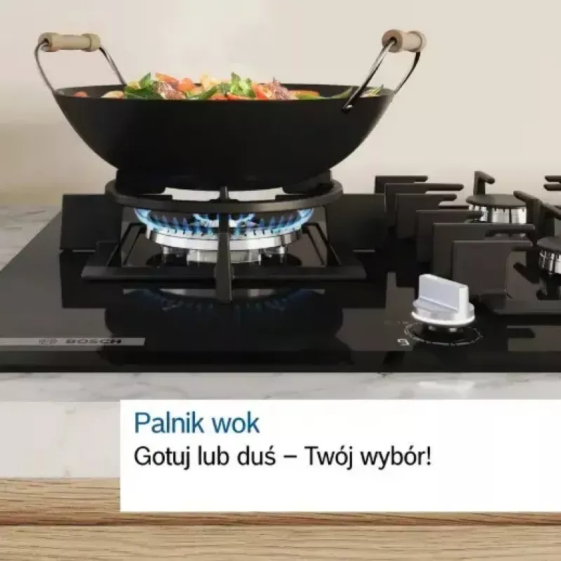 Sisseehitatud gaasipliit Bosch PCH6A5I90 — 60 cm, roostevaba teras, 4 gaasitsooni + 1 wok, Flame Select, malmist restid