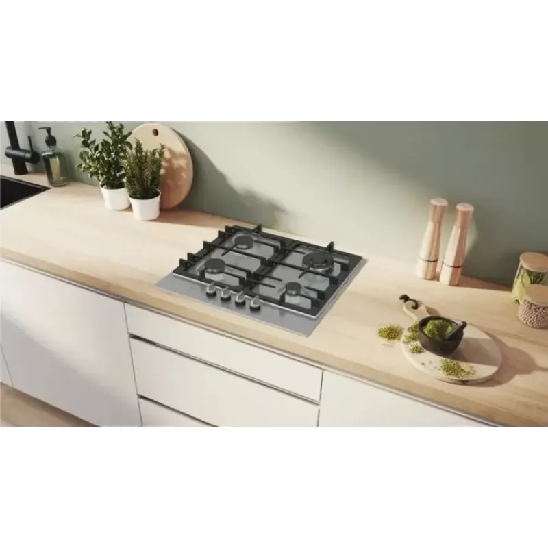 Sisseehitatud gaasipliit Bosch PCH6A5I90 — 60 cm, roostevaba teras, 4 gaasitsooni + 1 wok, Flame Select, malmist restid