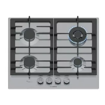 Sisseehitatud gaasipliit Bosch PCH6A5I90 — 60 cm, roostevaba teras, 4 gaasitsooni + 1 wok, Flame Select, malmist restid