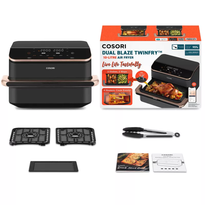 Cosori Dual Blaze Twinfry Chef Edition Topelt 10 L eraldiseisev 2800 W kuumaõhufritüür Tumehall, Roosikuld