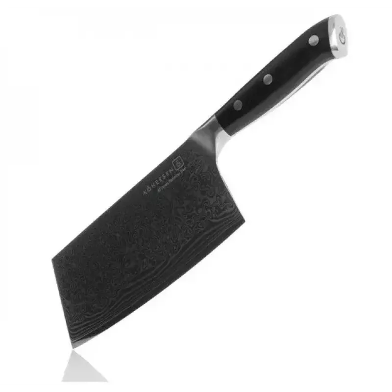 Cleaver KOHERSEN Elegance Ebony Wood Damascus steel cleaver 16.5 cm, 60 HRC, 13 cm käepide, 335 g