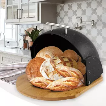 Leivakarp Maestro MR-1678G-Must — ovaalne leiva säilitusanum, plastist bambusest kaanega, 350×200×250 mm