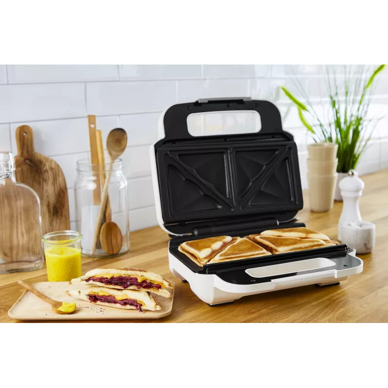 Võileivaküpsetaja Tefal SW7011 — 850 W, roostevaba teras ja valge, kompaktne 238×276×98 mm
