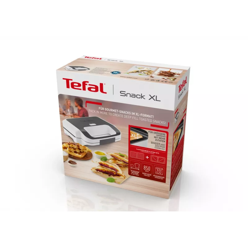 Võileivaküpsetaja Tefal SW7011 — 850 W, roostevaba teras ja valge, kompaktne 238×276×98 mm