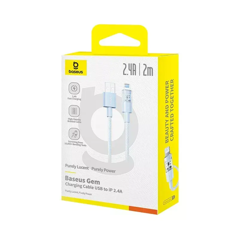 USB-kaabel Baseus Gem P10373003311-01 — 2 m, 2,4 A, Lightning–USB-A, nailonümbris, sinine