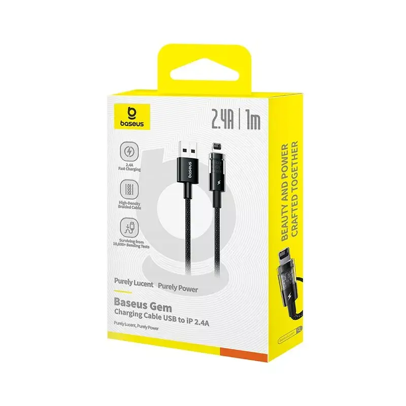 USB laadimiskaabel Baseus Gem P10373003111-00, 1 m, 2,4 A, nailonümbris, Lightning, USB-A, must
