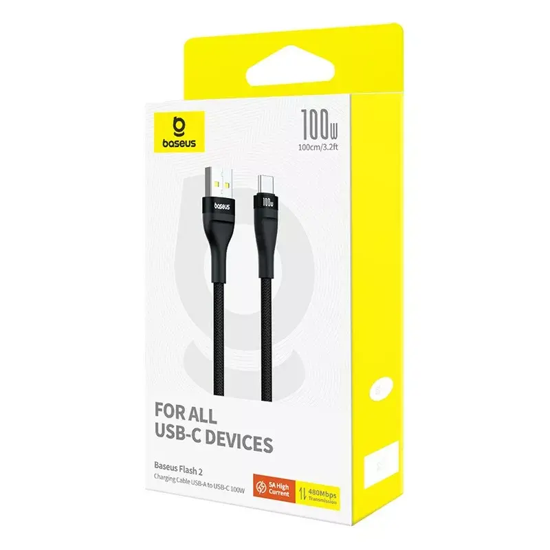 USB A - USB-C kaabel Baseus Flash 2 1 m 100 W must, USB PD, 480 Mbit/s, nailon