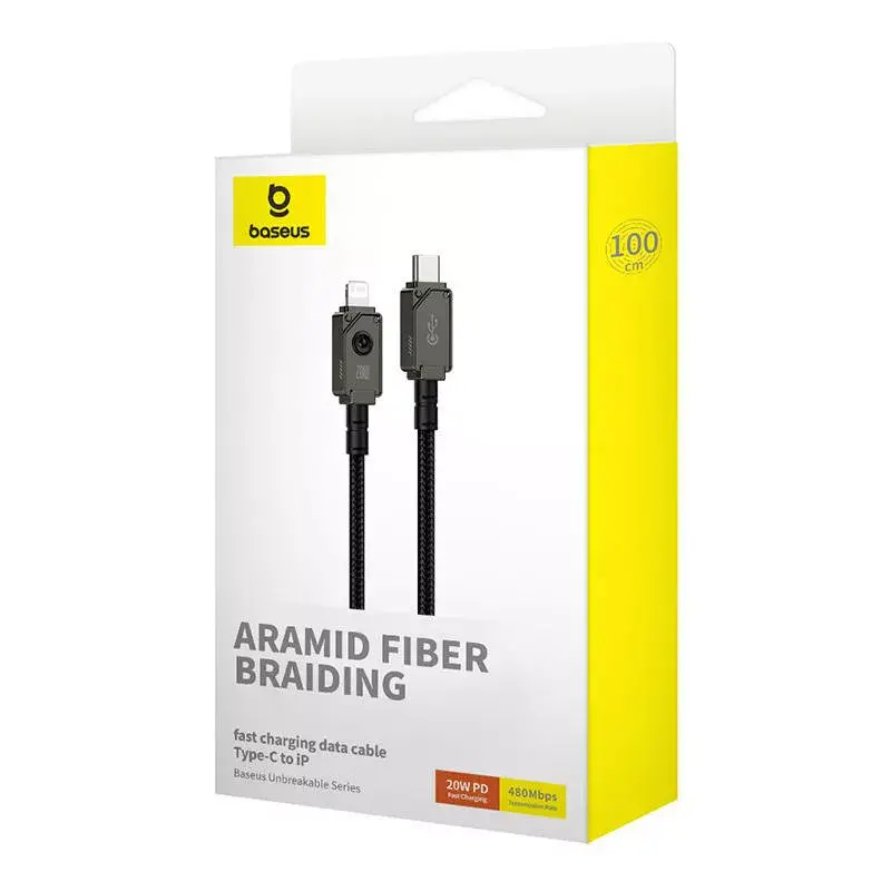 USB-C Lightning-kaabel Baseus Unbreakable 1m 20W — Aramidkiust, 480 Mbit/s, Must