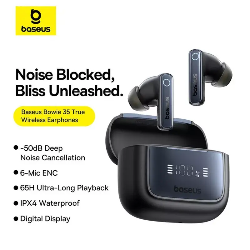 Tõelised juhtmevabad kõrvasisesed kõrvaklapid Baseus 35 True — Bluetooth 5.3, ANC, 8 h taasesitus (ANC väljas), 65 h koos laadimisümbrisega, 800 mAh ümbris, USB-C, must