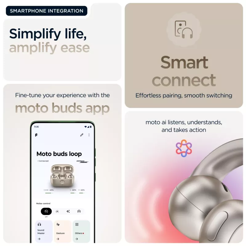 Peakomplekt Motorola Moto Buds Loop Bluetooth kõrvaklambriga binauraalne, Dolby Atmos, Bluetooth 5.0, ANC, 8 h taasesitus, laadimisümbris 520 mAh, beež