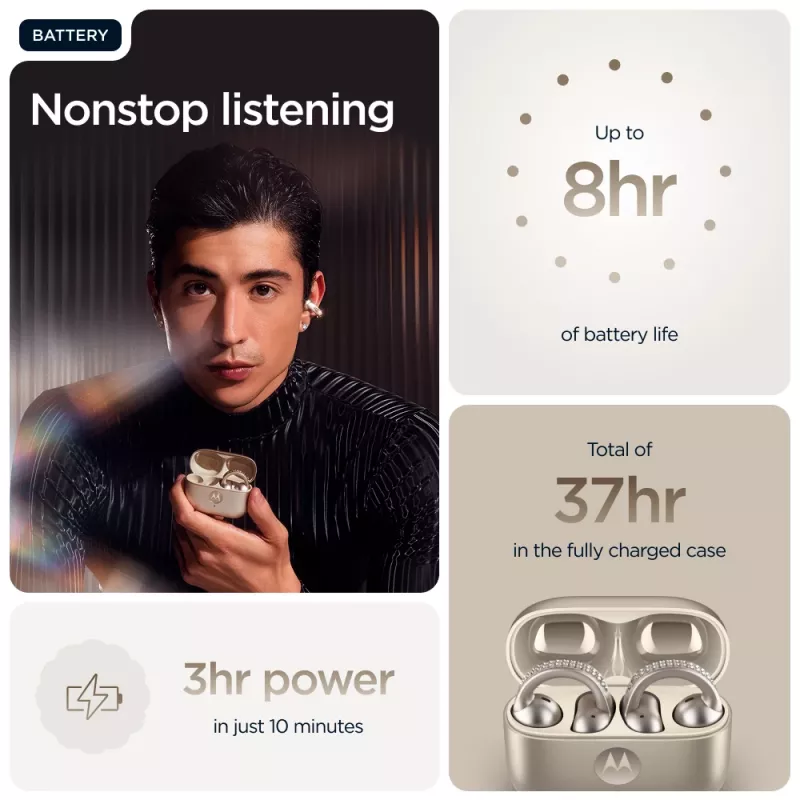 Peakomplekt Motorola Moto Buds Loop Bluetooth kõrvaklambriga binauraalne, Dolby Atmos, Bluetooth 5.0, ANC, 8 h taasesitus, laadimisümbris 520 mAh, beež
