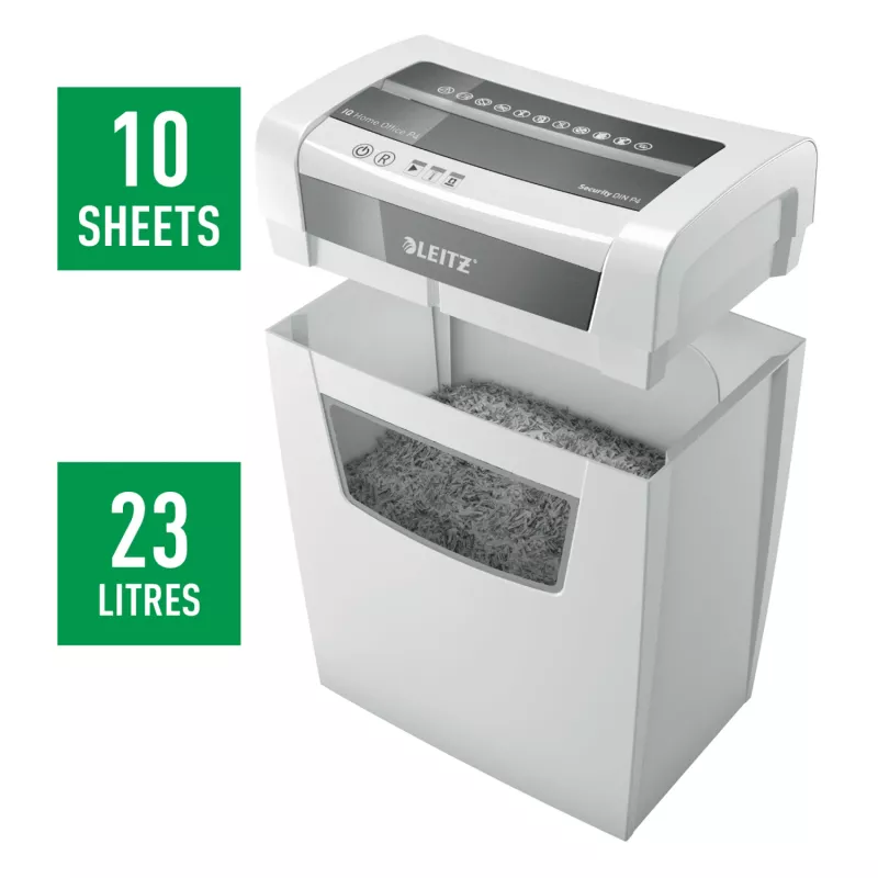 Leitz IQ Home Office paberipurustaja P4, ristlõikusega purustamine, 22 cm, 4 x 28 mm, 23 L, 225 lehte, 58 dB
