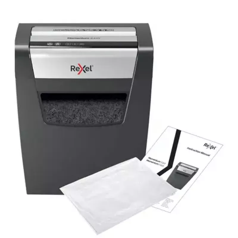 Paberihundi REXEL Momentum X410 — osakeste lõikus P-4, 4 x 28 mm, 10-leheline mahutavus, 23 l korv, ummistusvastane süsteem