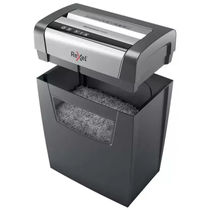 Paberihundi REXEL Momentum X410 — osakeste lõikus P-4, 4 x 28 mm, 10-leheline mahutavus, 23 l korv, ummistusvastane süsteem