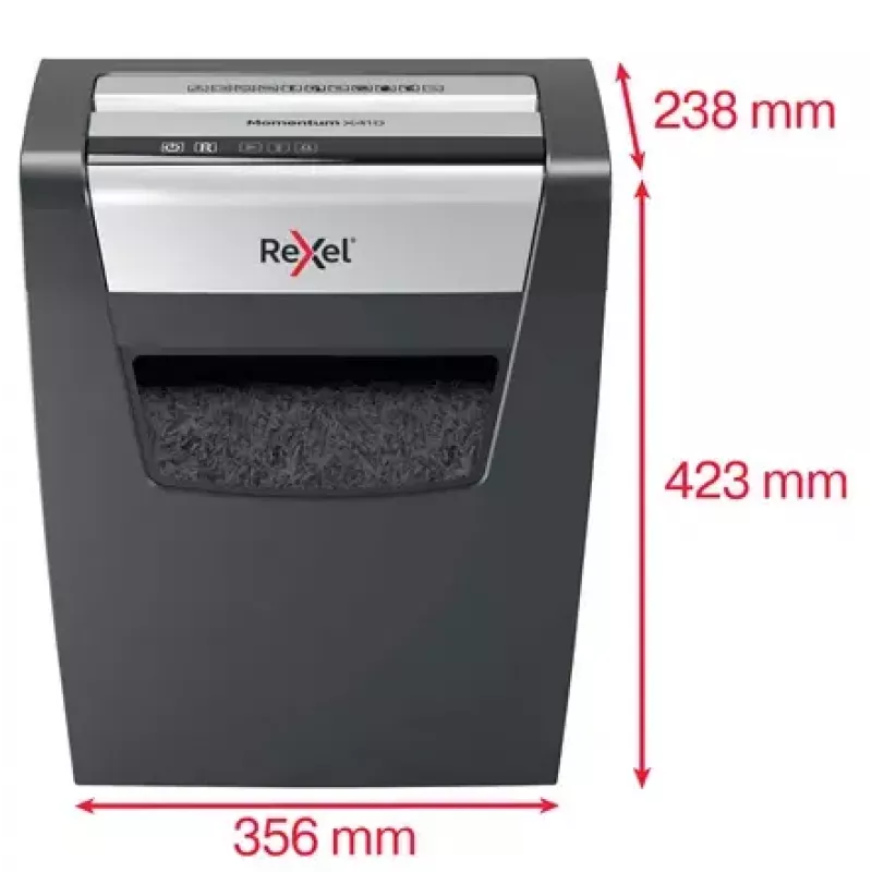 Paberihundi REXEL Momentum X410 — osakeste lõikus P-4, 4 x 28 mm, 10-leheline mahutavus, 23 l korv, ummistusvastane süsteem