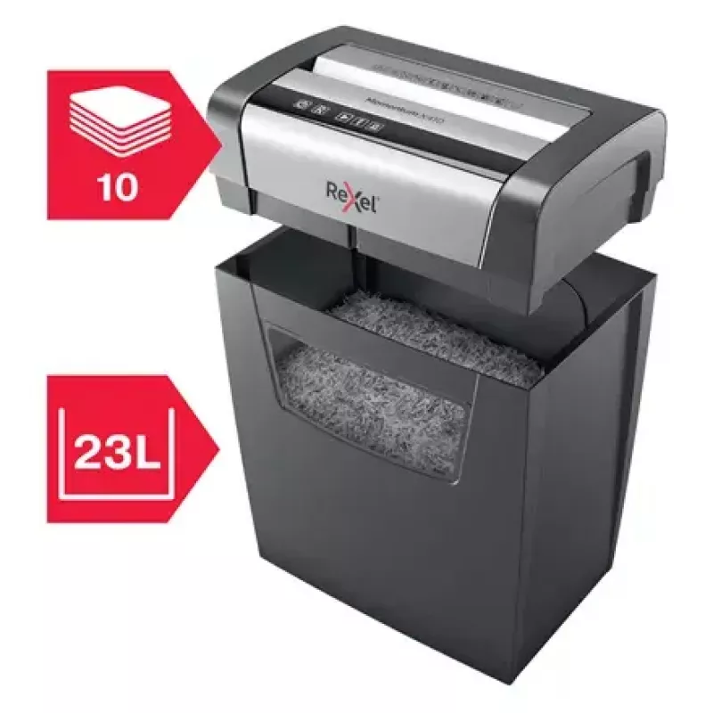 Paberihundi REXEL Momentum X410 — osakeste lõikus P-4, 4 x 28 mm, 10-leheline mahutavus, 23 l korv, ummistusvastane süsteem
