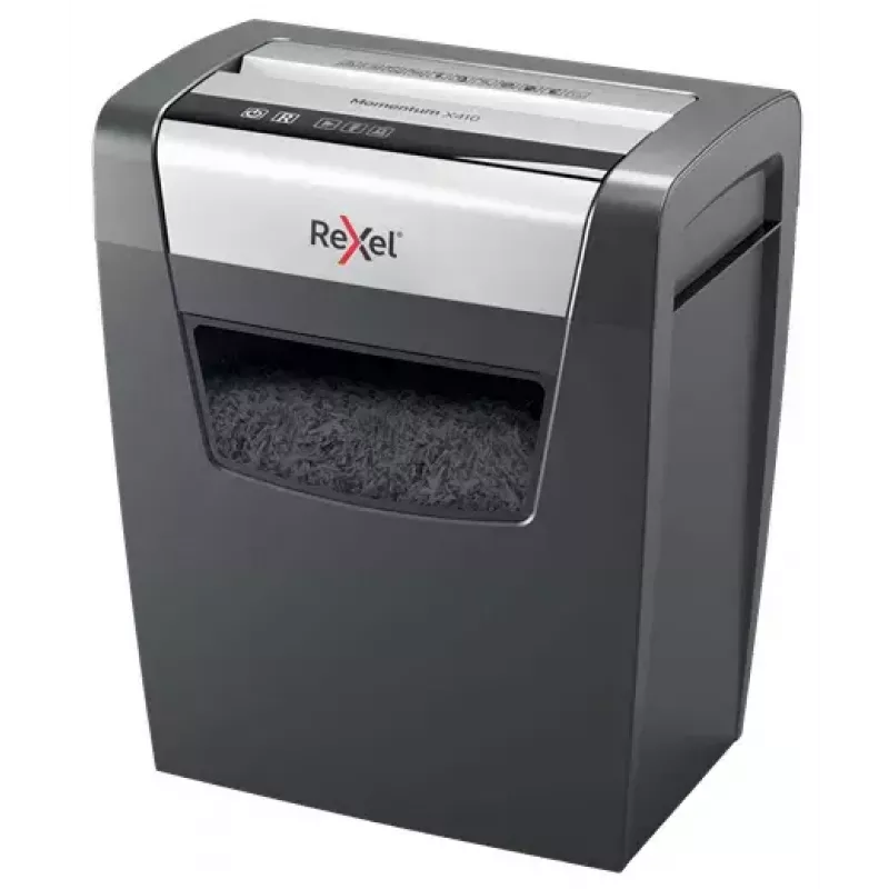 Paberihundi REXEL Momentum X410 — osakeste lõikus P-4, 4 x 28 mm, 10-leheline mahutavus, 23 l korv, ummistusvastane süsteem
