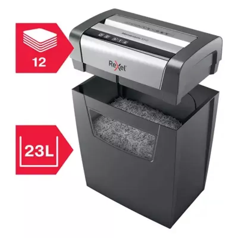 Paberihundi REXEL Momentum X312 — osakeste lõikus P-3, 12 lehte mahutavus, 23 l korv, 5 x 42 mm