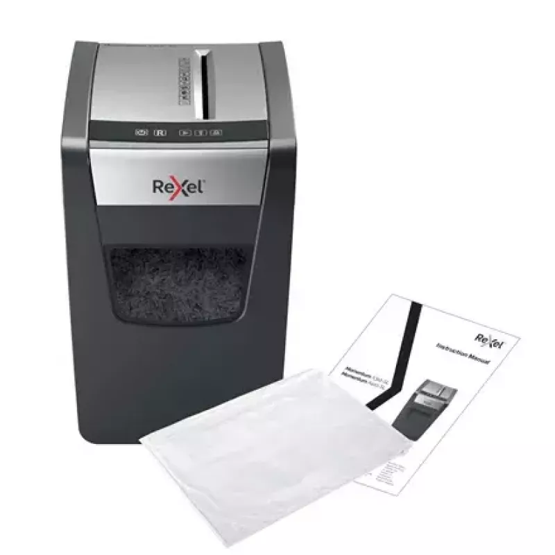 Paberipurustaja REXEL Momentum X312-SL — osaklõige 5 x 42 mm, mahutab 12 lehte, 23 L korv, nuppjuhtimine