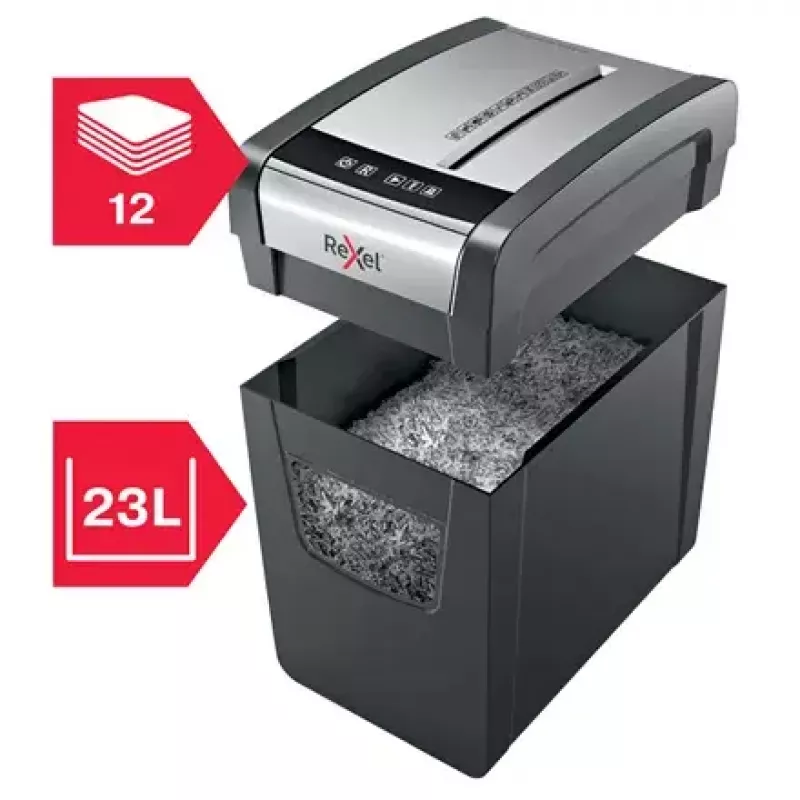 Paberipurustaja REXEL Momentum X312-SL — osaklõige 5 x 42 mm, mahutab 12 lehte, 23 L korv, nuppjuhtimine