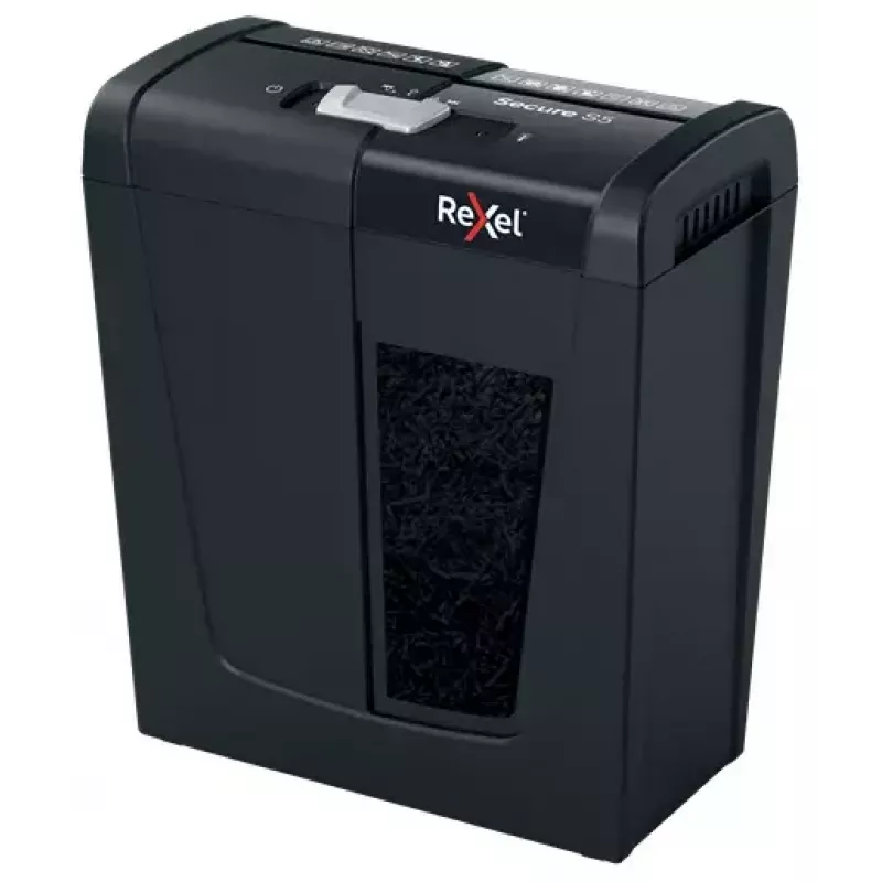 Paberipurustaja REXEL Secure S5 — ribapurustaja, 5-leheline mahutavus, 6 mm lõige, 10 L korv, P-2 turvalisus, must