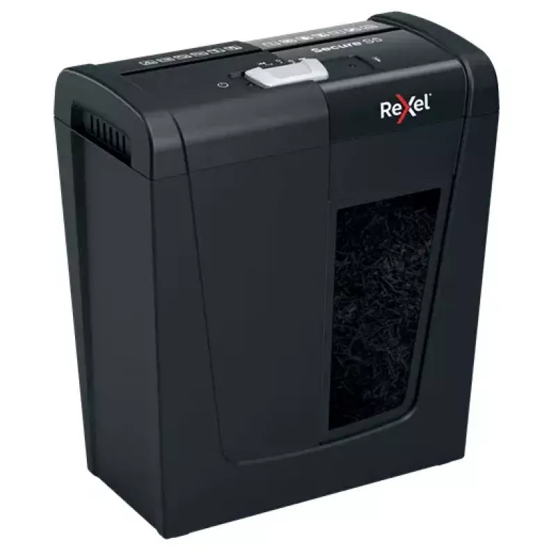 Paberipurustaja REXEL Secure S5 — ribapurustaja, 5-leheline mahutavus, 6 mm lõige, 10 L korv, P-2 turvalisus, must