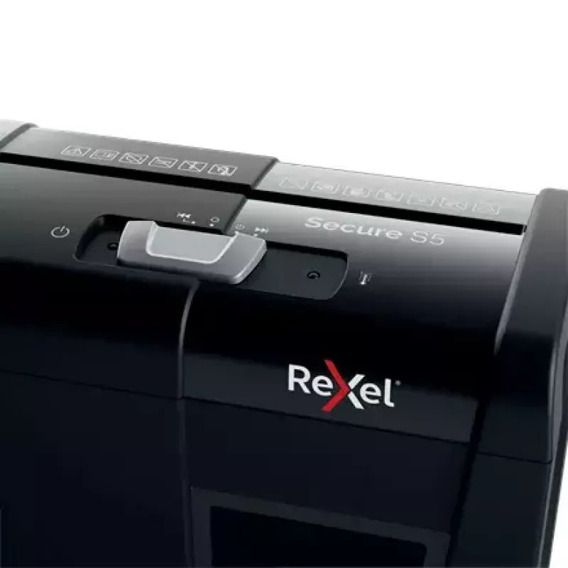 Paberipurustaja REXEL Secure S5 — ribapurustaja, 5-leheline mahutavus, 6 mm lõige, 10 L korv, P-2 turvalisus, must