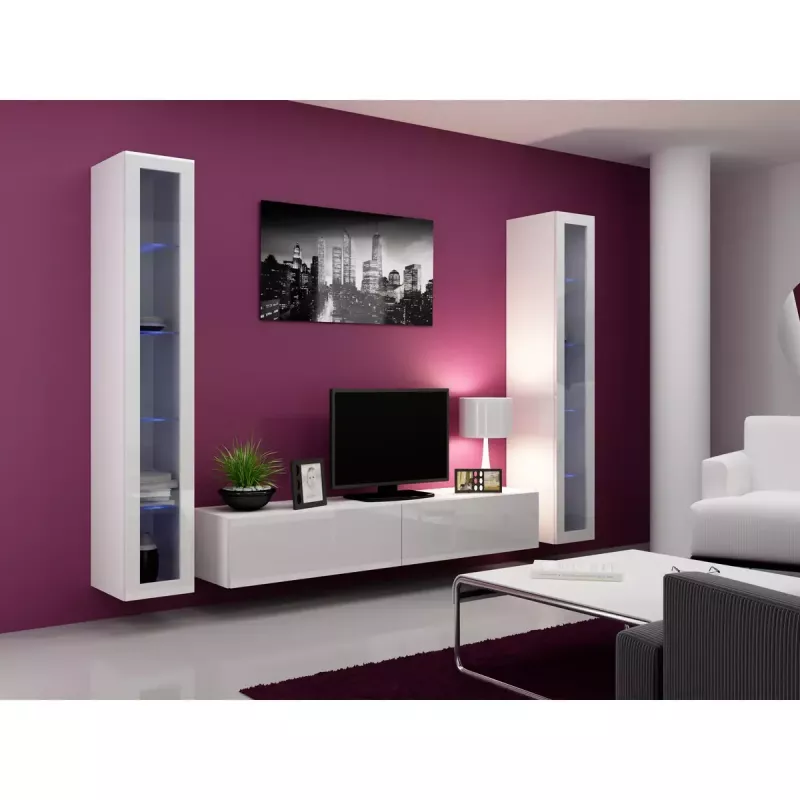 Vitriinkapp Cama Meble VIGO 180 seinale paigaldatav klaasvitriin 1800×400×300 mm valge/valge läige