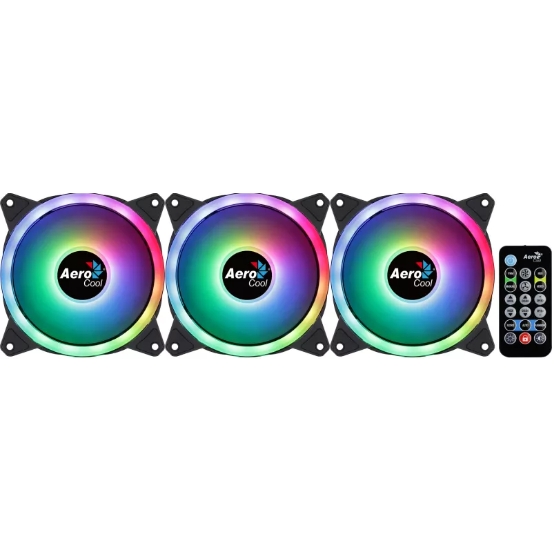 Aerocool DUO12PRO komplekt 3x ventilaator 12 cm ARGB LED kahekordne rõngas vibratsioonivastane 6 kontaktiga, must