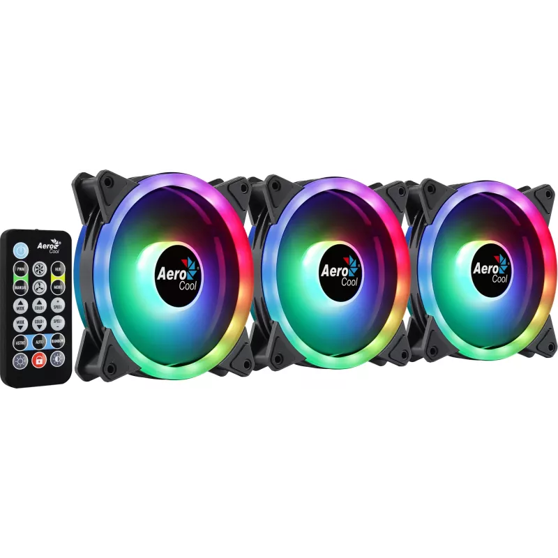 Aerocool DUO12PRO komplekt 3x ventilaator 12 cm ARGB LED kahekordne rõngas vibratsioonivastane 6 kontaktiga, must