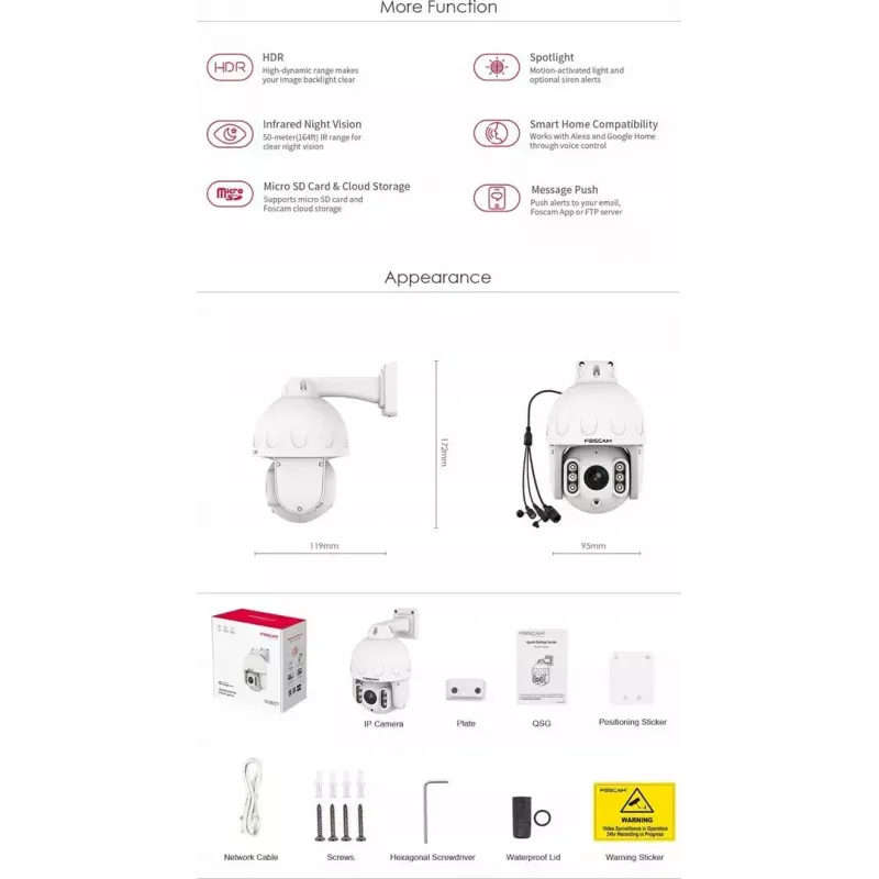 IP PTZ turvakaamera Foscam SD8EP — 8 MP, 4x optiline suum, 6x digitaalne, 355° pööre, 90° kalle, IP66, välitingimustesse, valge