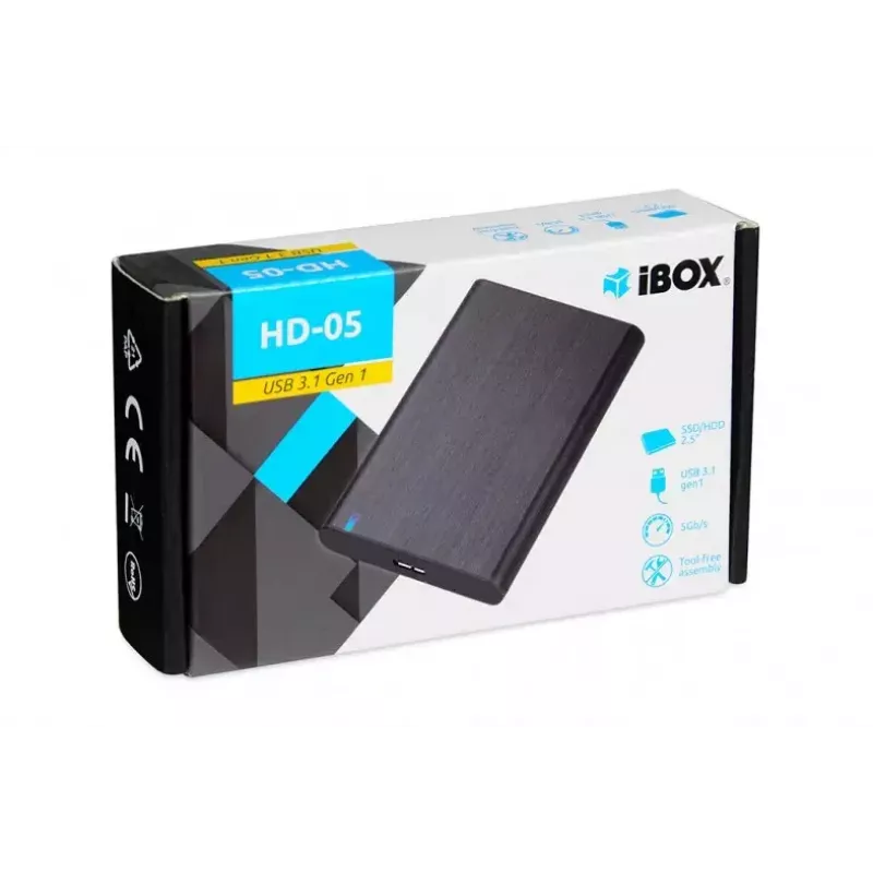 HDD/SSD-korpus IBOX HD-05 must — 2,5-tolline SATA III, USB 3.2 Gen 1 (5 Gbit/s), Mikro-USB B, UASP, kuni 10 TB