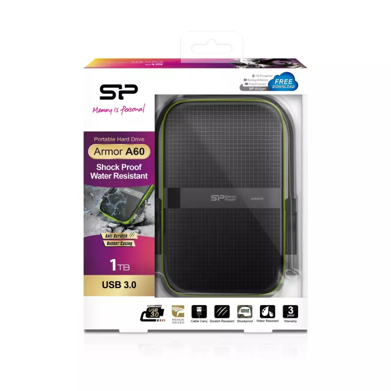 Väline HDD Silicon Power Armor A60 1 TB 2,5 tolli USB 3.2 Gen 1, põrutuskindel, AES-256, must