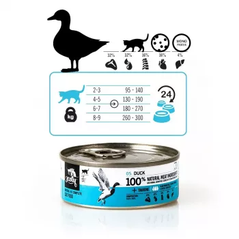 Märg kassitoit 3coty Duck 80 g — täielik pasteet täiskasvanud kassidele, valk 15%, rasv 10%, niiskus 72,8%