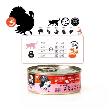 Märg kassitoit 3coty Turkey with Krill 80 g — täisväärtuslik märgtoit täiskasvanud kassidele, 80 g purk, valk 19%, rasv 7%