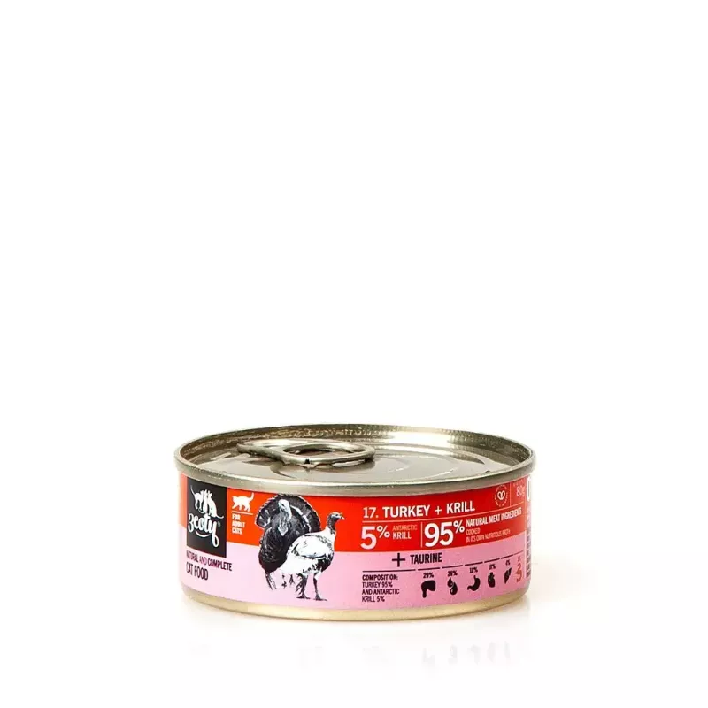 Märg kassitoit 3coty Turkey with Krill 80 g — täisväärtuslik märgtoit täiskasvanud kassidele, 80 g purk, valk 19%, rasv 7%