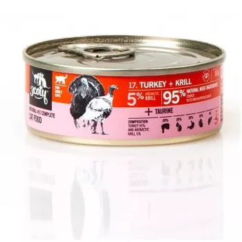 Märg kassitoit 3coty Turkey with Krill 80 g — täisväärtuslik märgtoit täiskasvanud kassidele, 80 g purk, valk 19%, rasv 7%