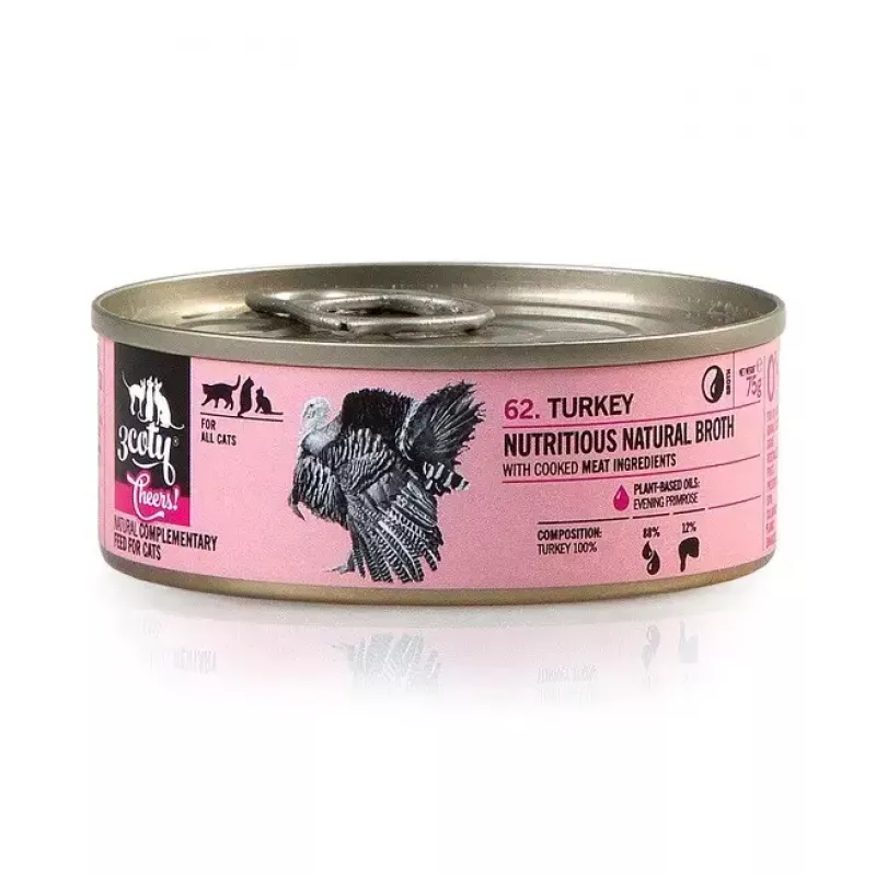 Märg kassitoit 3coty Turkey Cheers 75 g — täiskasvanud kassid, täiendsööt ühe portsjoni kotikeses, 80% niiskust, 6% valku