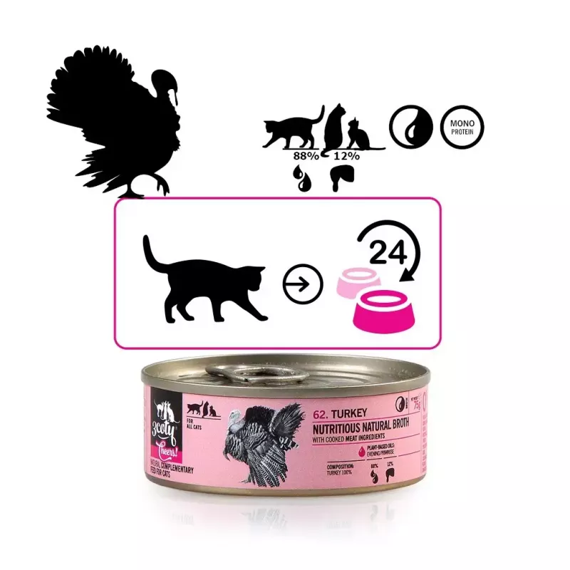 Märg kassitoit 3coty Turkey Cheers 75 g — täiskasvanud kassid, täiendsööt ühe portsjoni kotikeses, 80% niiskust, 6% valku